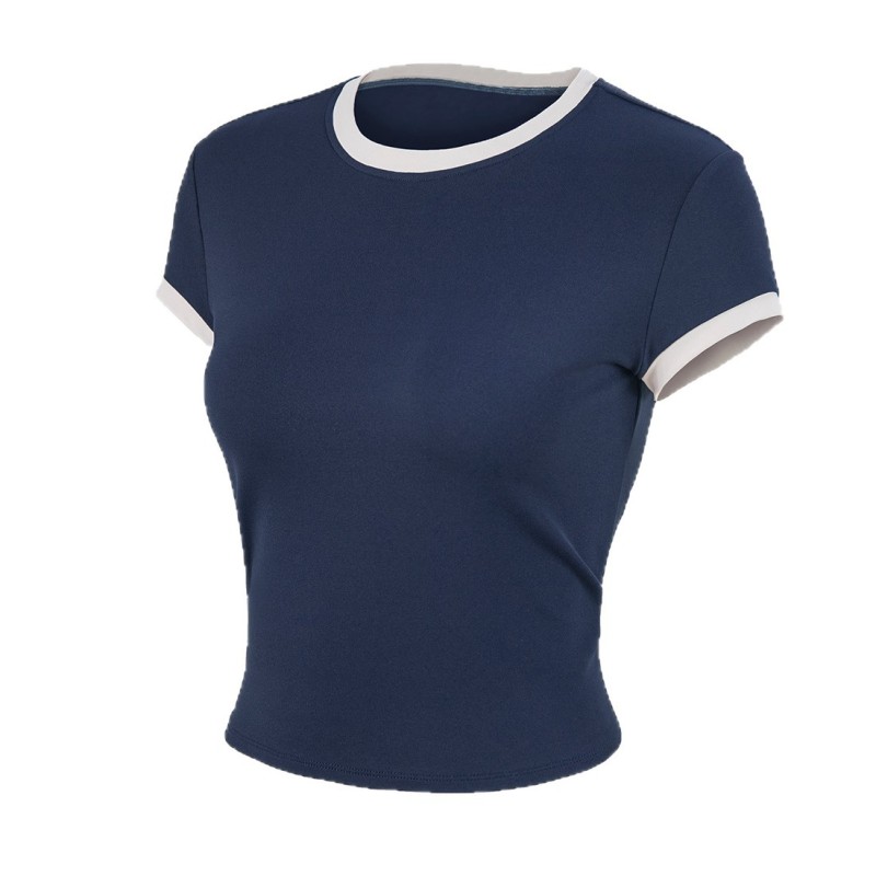 Contrast Color Yoga Short-Sleeved Normcore Slimming Look V Neck Sports T-Shirt Women's Slim and Versatile Right Shoulder Fitness Top New Style