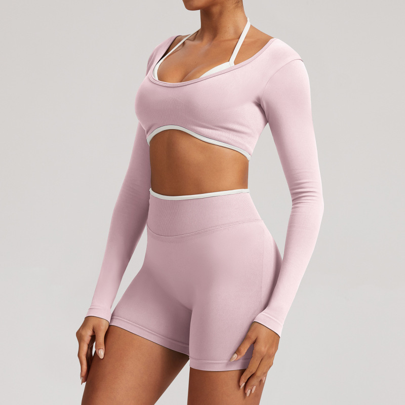 Cross-Border European and American Seamless Fake Two-Piece Long-Sleeved Yoga Tops for Women Running Fitness Sports Tops Yoga Tops