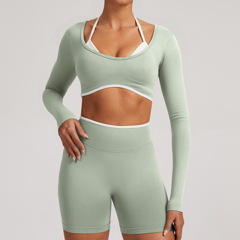 Cross-Border European and American Seamless Fake Two-Piece Long-Sleeved Yoga Tops for Women Running Fitness Sports Tops Yoga Tops