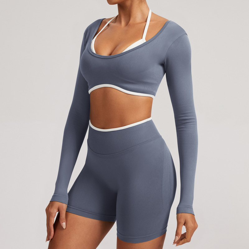 Cross-Border European and American Seamless Fake Two-Piece Long-Sleeved Yoga Tops for Women Running Fitness Sports Tops Yoga Tops