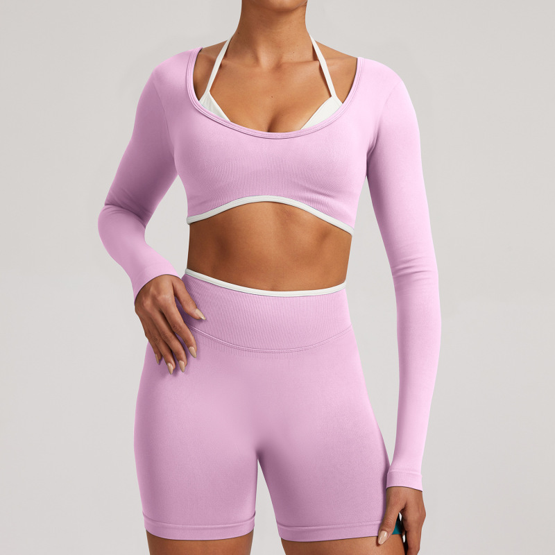 Cross-Border European and American Seamless Fake Two-Piece Long-Sleeved Yoga Tops for Women Running Fitness Sports Tops Yoga Tops