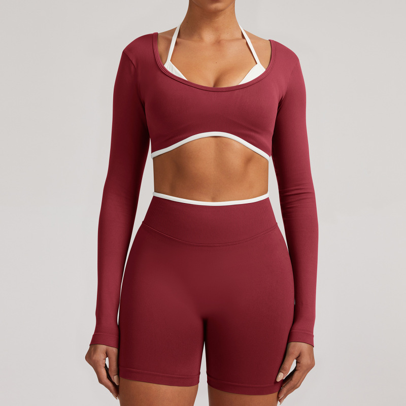 Cross-Border European and American Seamless Fake Two-Piece Long-Sleeved Yoga Tops for Women Running Fitness Sports Tops Yoga Tops