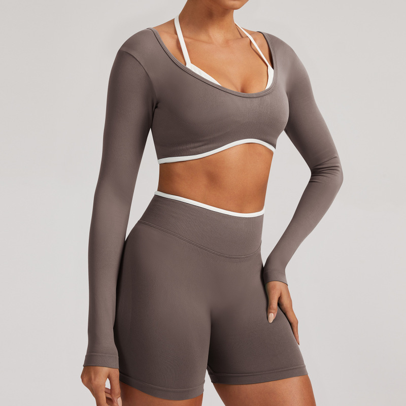 Cross-Border European and American Seamless Fake Two-Piece Long-Sleeved Yoga Tops for Women Running Fitness Sports Tops Yoga Tops