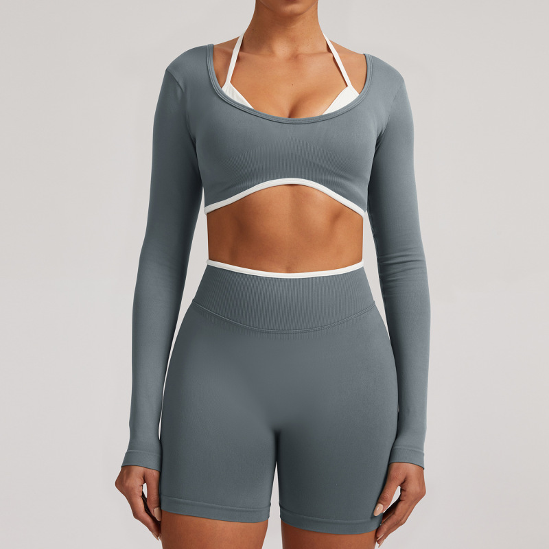 Cross-Border European and American Seamless Fake Two-Piece Long-Sleeved Yoga Tops for Women Running Fitness Sports Tops Yoga Tops