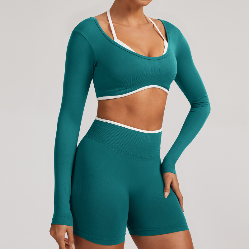 Cross-Border European and American Seamless Fake Two-Piece Long-Sleeved Yoga Tops for Women Running Fitness Sports Tops Yoga Tops