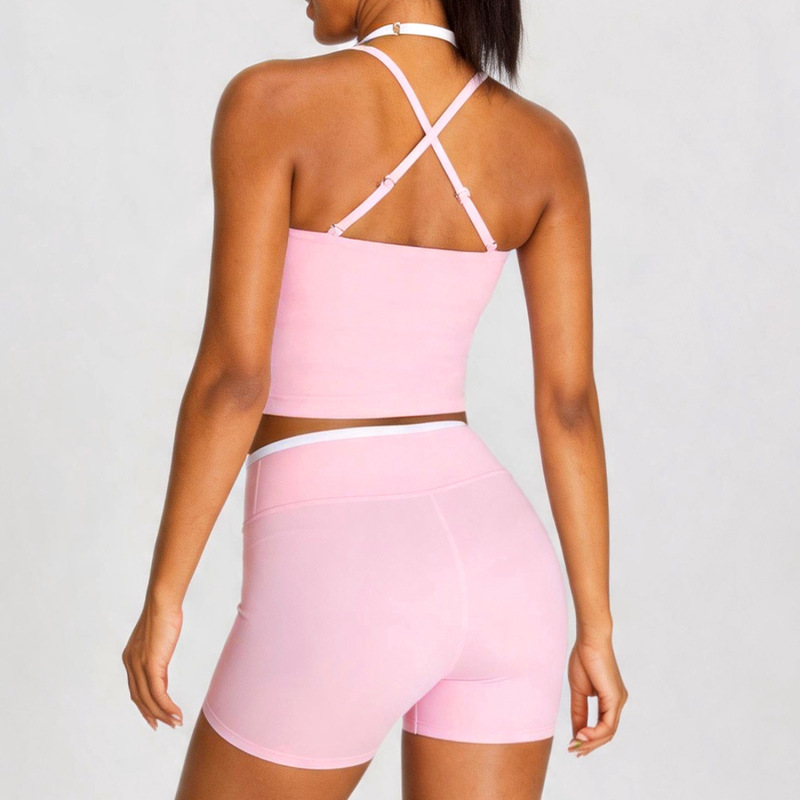 Contrast Color Fake Two-Piece Integrated Double-Strap Halter Neck Beautiful Back Yoga Vest for Women, Breathable Sports Bra for Fitness and Running