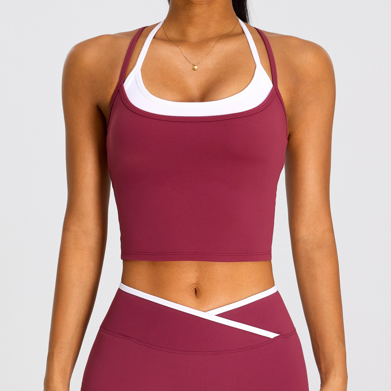 Contrast Color Fake Two-Piece Integrated Double-Strap Halter Neck Beautiful Back Yoga Vest for Women, Breathable Sports Bra for Fitness and Running