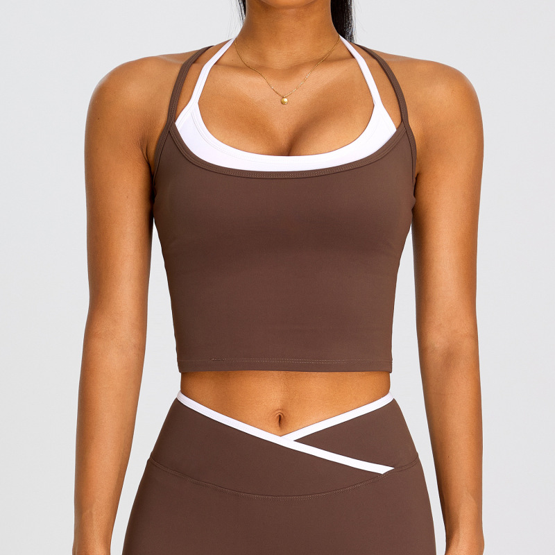 Contrast Color Fake Two-Piece Integrated Double-Strap Halter Neck Beautiful Back Yoga Vest for Women, Breathable Sports Bra for Fitness and Running