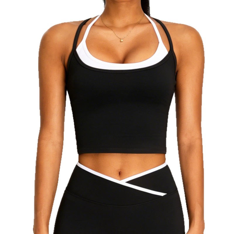 Contrast Color Fake Two-Piece Integrated Double-Strap Halter Neck Beautiful Back Yoga Vest for Women, Breathable Sports Bra for Fitness and Running
