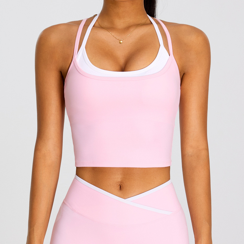 Contrast Color Fake Two-Piece Integrated Double-Strap Halter Neck Beautiful Back Yoga Vest for Women, Breathable Sports Bra for Fitness and Running