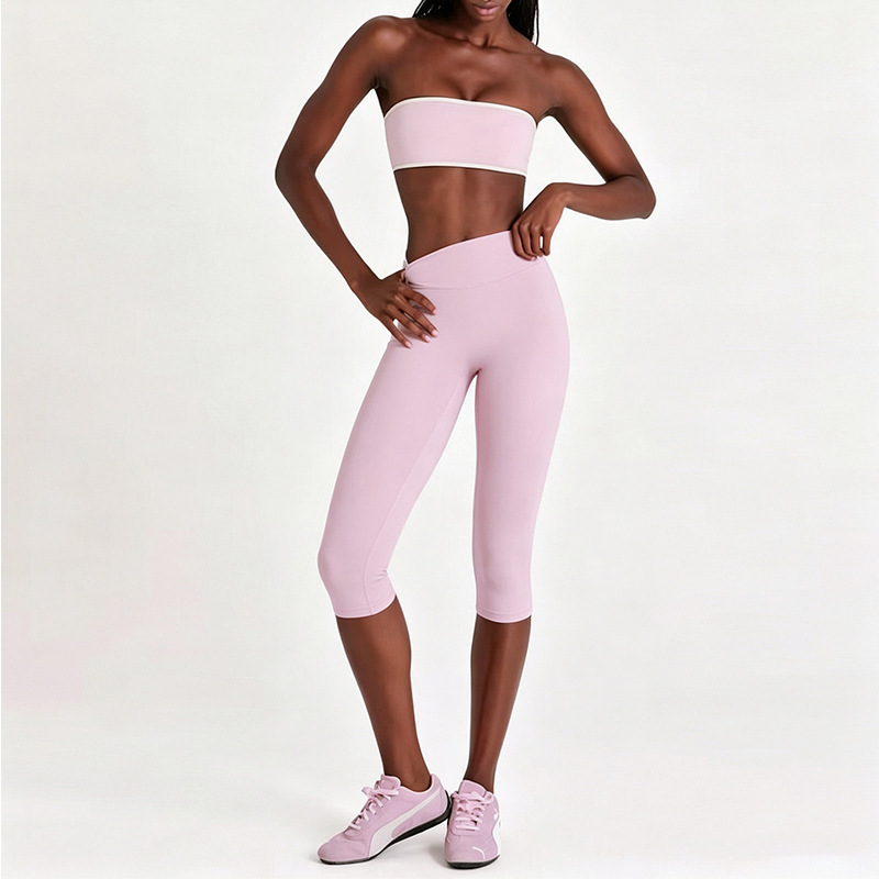Cross-Border Yoga Set, Nude-Feel Sports Bra, Women's Color-Blocked Tube Top, Fitness Wear, Three-Quarter Length Leggings Set