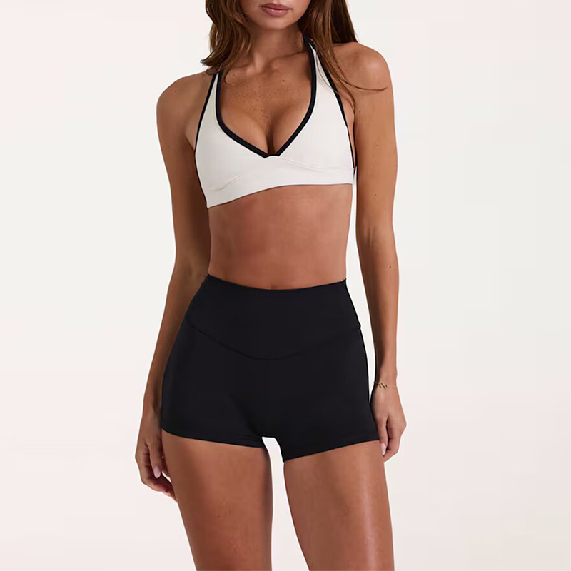 New Cross-Border Yoga Set with Contrasting Colors, V-Neck Halter Top, Running and Fitness Clothing, Training Pilates Shorts Set