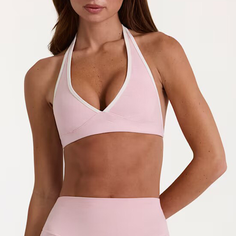 European and American Cross-Border Color-Blocking Sexy V-Neck Halter Sports Bra Yoga Wear Shockproof Bra Running Fitness Top