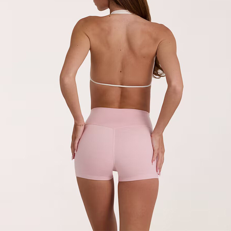 New Cross-Border Yoga Set with Contrasting Colors, V-Neck Halter Top, Running and Fitness Clothing, Training Pilates Shorts Set