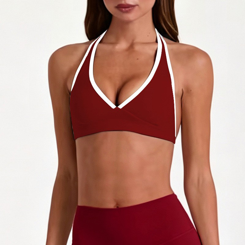 European and American Cross-Border Color-Blocking Sexy V-Neck Halter Sports Bra Yoga Wear Shockproof Bra Running Fitness Top
