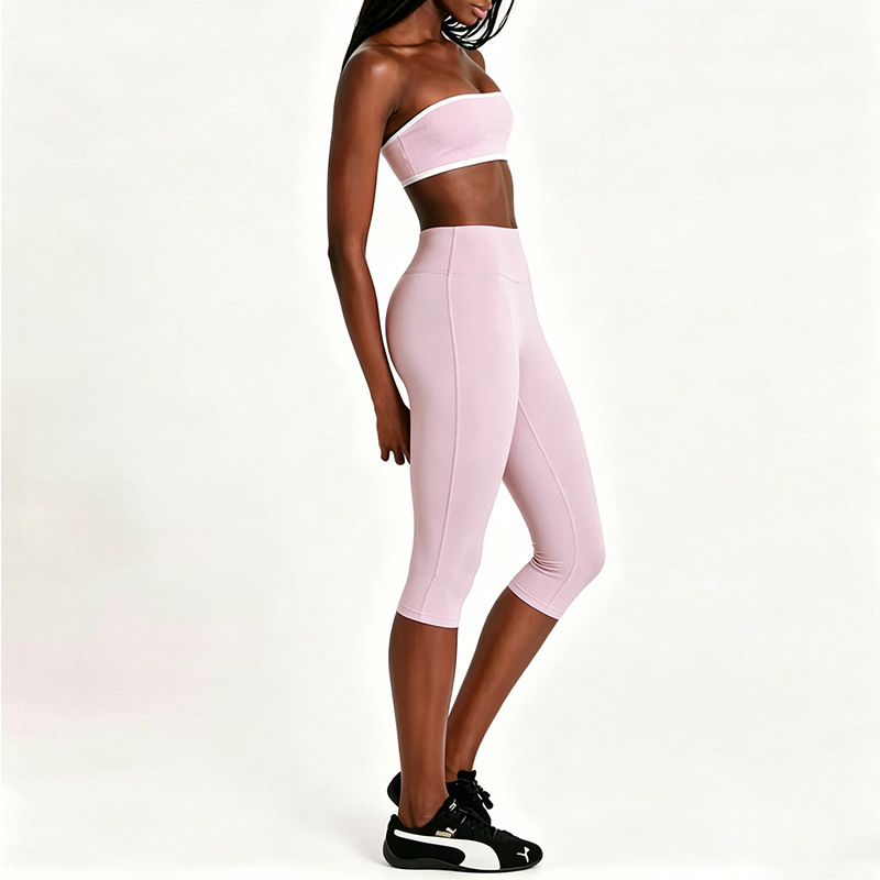 Cross-Border Yoga Set, Nude-Feel Sports Bra, Women's Color-Blocked Tube Top, Fitness Wear, Three-Quarter Length Leggings Set