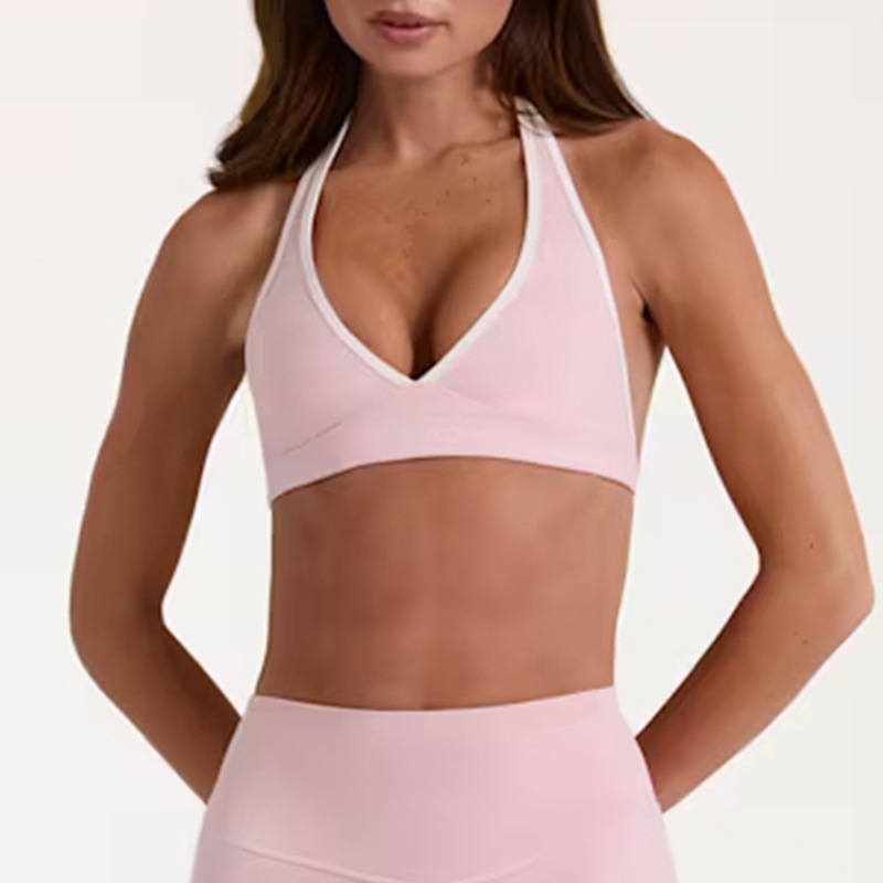 European and American Cross-Border Color-Blocking Sexy V-Neck Halter Sports Bra Yoga Wear Shockproof Bra Running Fitness Top