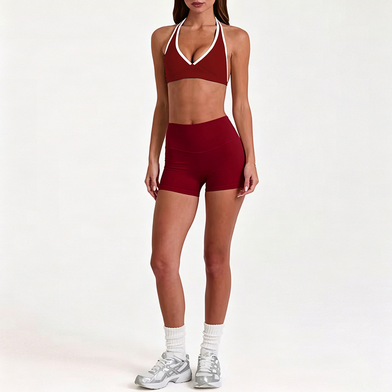 New Cross-Border Yoga Set with Contrasting Colors, V-Neck Halter Top, Running and Fitness Clothing, Training Pilates Shorts Set