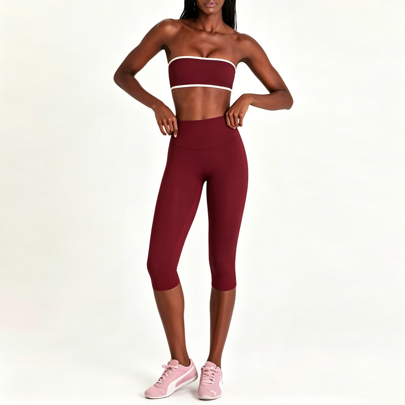 Cross-Border Yoga Set, Nude-Feel Sports Bra, Women's Color-Blocked Tube Top, Fitness Wear, Three-Quarter Length Leggings Set