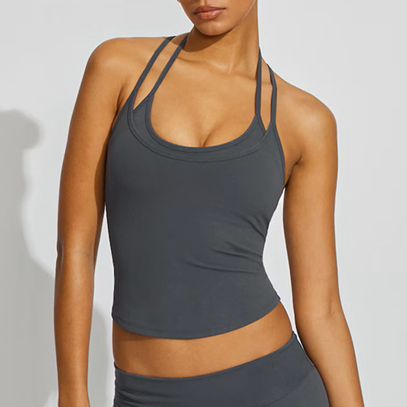 European and American cross-border yoga faux two-piece halter neck top running sportswear backless fitness wear Pilates camisole