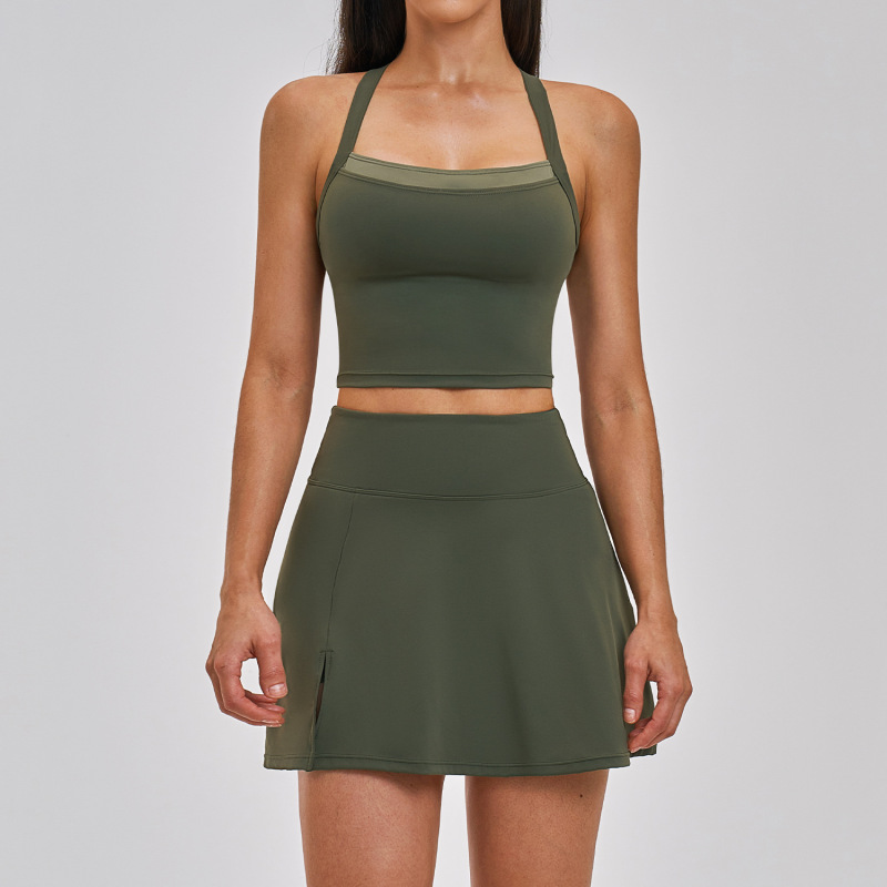 European and American Cross-Border Seamless Yoga Set with Cross-Back Design, Quick-Dry Tennis Set, Running Sports Short Skirt Set 6116