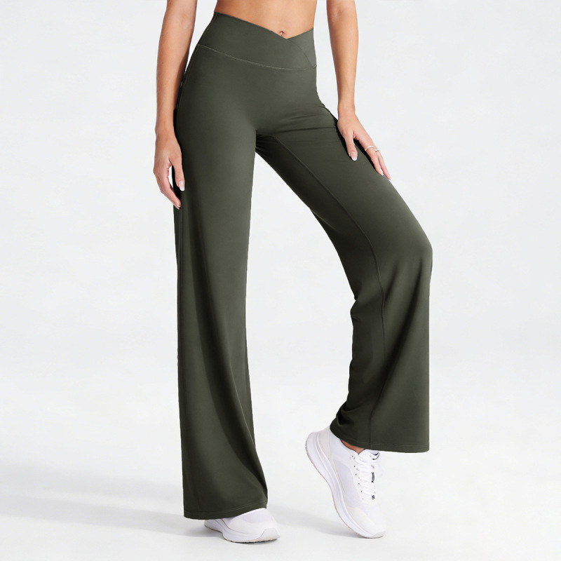 European and American Style Naked-Feel Yoga Pants, Cross High-Waist Running Straight-Leg Pants, Sports Casual Tight-Fitting Versatile Flared Pants for Women