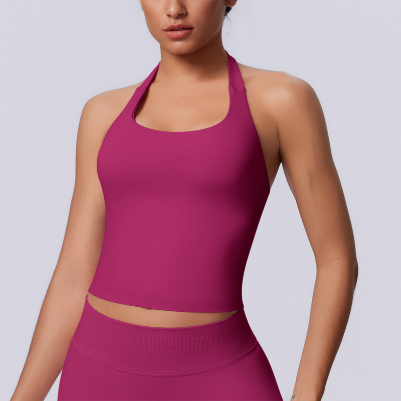 New Cross-Border Seamless Solid Color Halter Neck Beautiful Back Tight-Fitting Sports Vest Sports Running Fitness Yoga Top for Women