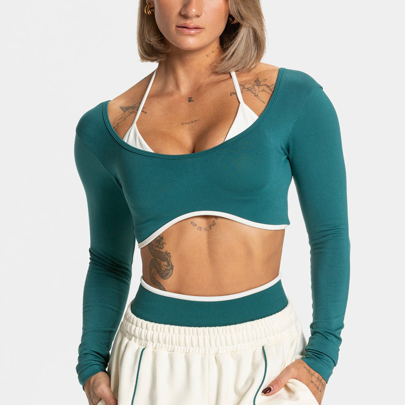 Cross-Border Color-Blocked Tight-Fitting Fake Two-Piece Sports Top Long-Sleeved Running Fitness Yoga Top Outerwear Yoga Clothing Top