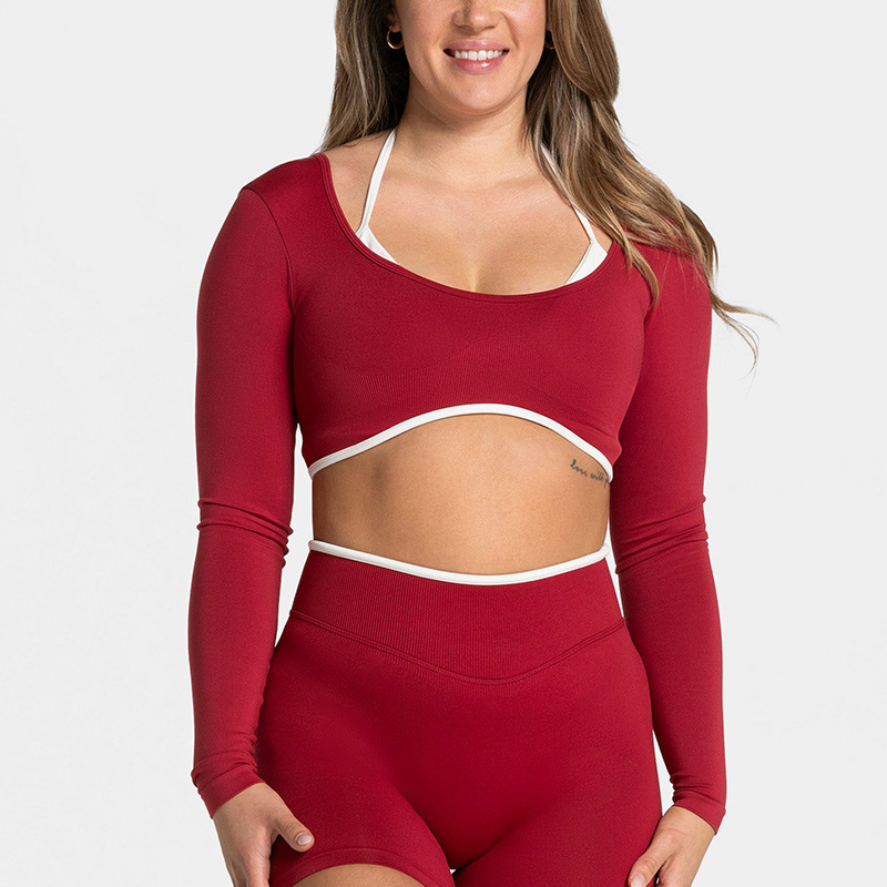 Cross-Border Color-Blocked Tight-Fitting Fake Two-Piece Sports Top Long-Sleeved Running Fitness Yoga Top Outerwear Yoga Clothing Top
