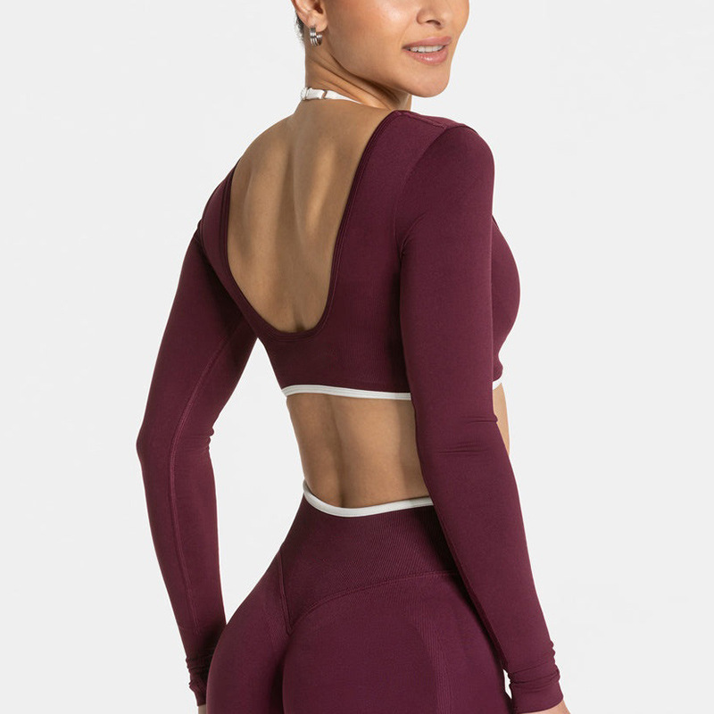 Cross-Border Color-Blocked Tight-Fitting Fake Two-Piece Sports Top Long-Sleeved Running Fitness Yoga Top Outerwear Yoga Clothing Top