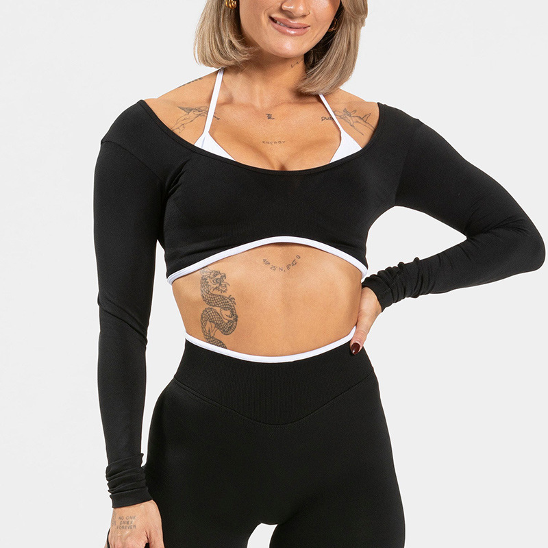 Cross-Border Color-Blocked Tight-Fitting Fake Two-Piece Sports Top Long-Sleeved Running Fitness Yoga Top Outerwear Yoga Clothing Top