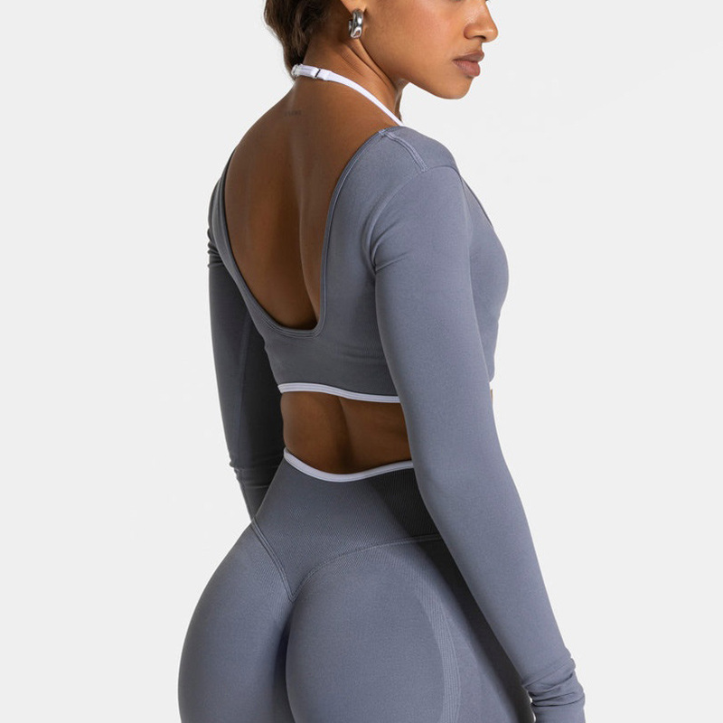 Cross-Border Color-Blocked Tight-Fitting Fake Two-Piece Sports Top Long-Sleeved Running Fitness Yoga Top Outerwear Yoga Clothing Top