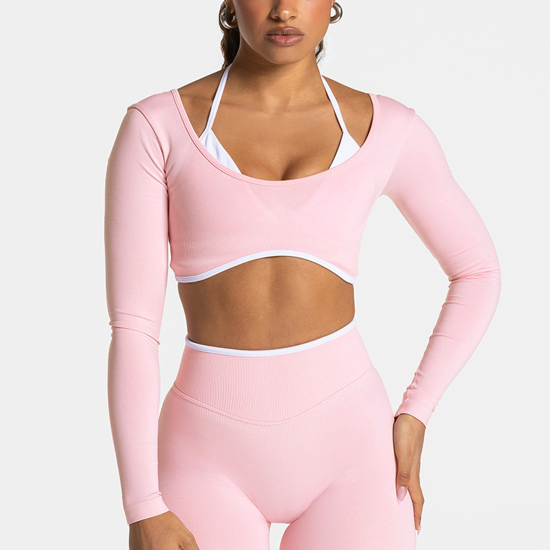 Cross-Border Color-Blocked Tight-Fitting Fake Two-Piece Sports Top Long-Sleeved Running Fitness Yoga Top Outerwear Yoga Clothing Top