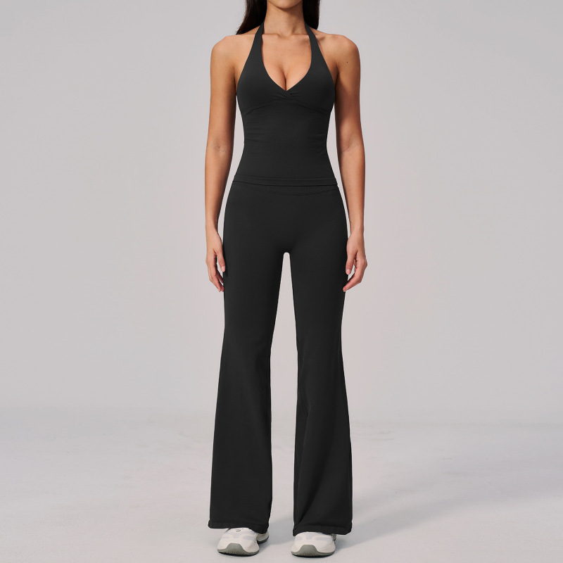 Ze Chuang's New V-Neck Yoga Outfit Set for Women, Halter Neck, Slim Fit, Beautiful Back, Vertical Ribbed Sports Fitness Yoga Wear 2557