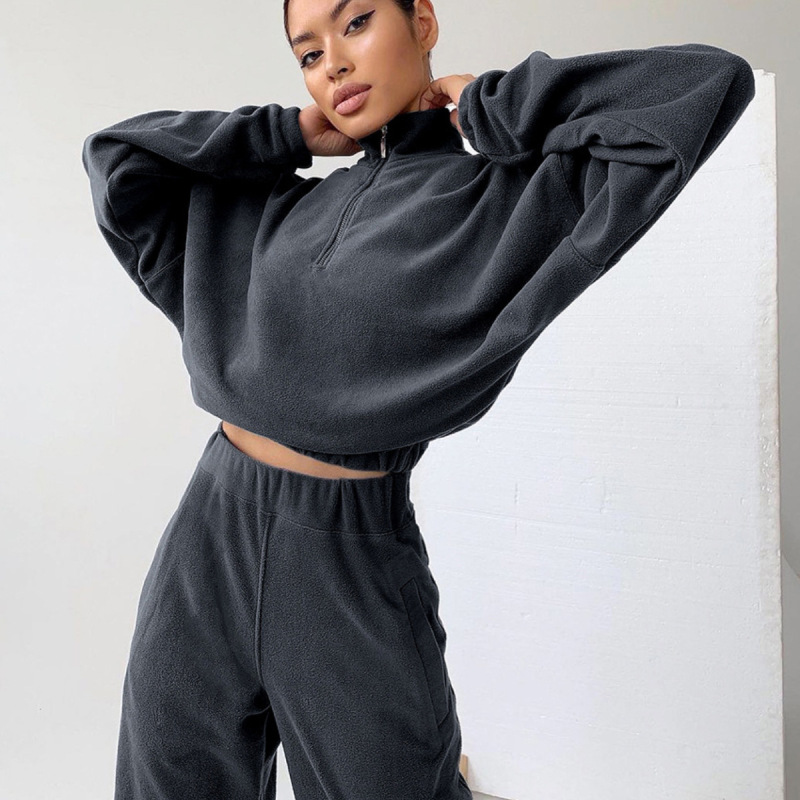 2026 Amazon European and American Foreign Trade Autumn and Winter Women's New Half-Zip Lapel Casual Sweatshirt Solid Color Sports Suit