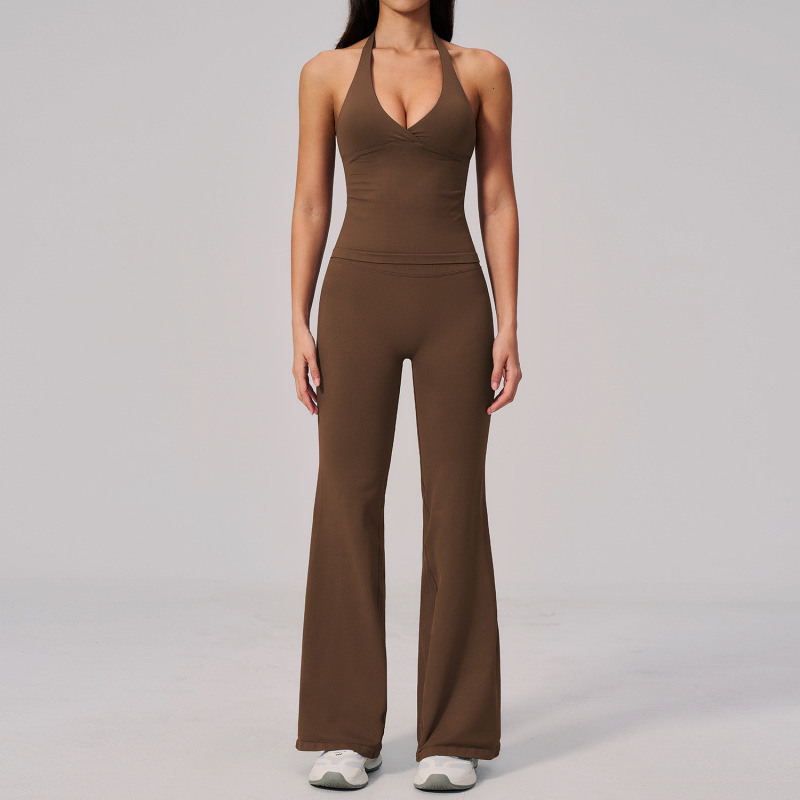 Ze Chuang's New V-Neck Yoga Outfit Set for Women, Halter Neck, Slim Fit, Beautiful Back, Vertical Ribbed Sports Fitness Yoga Wear 2557