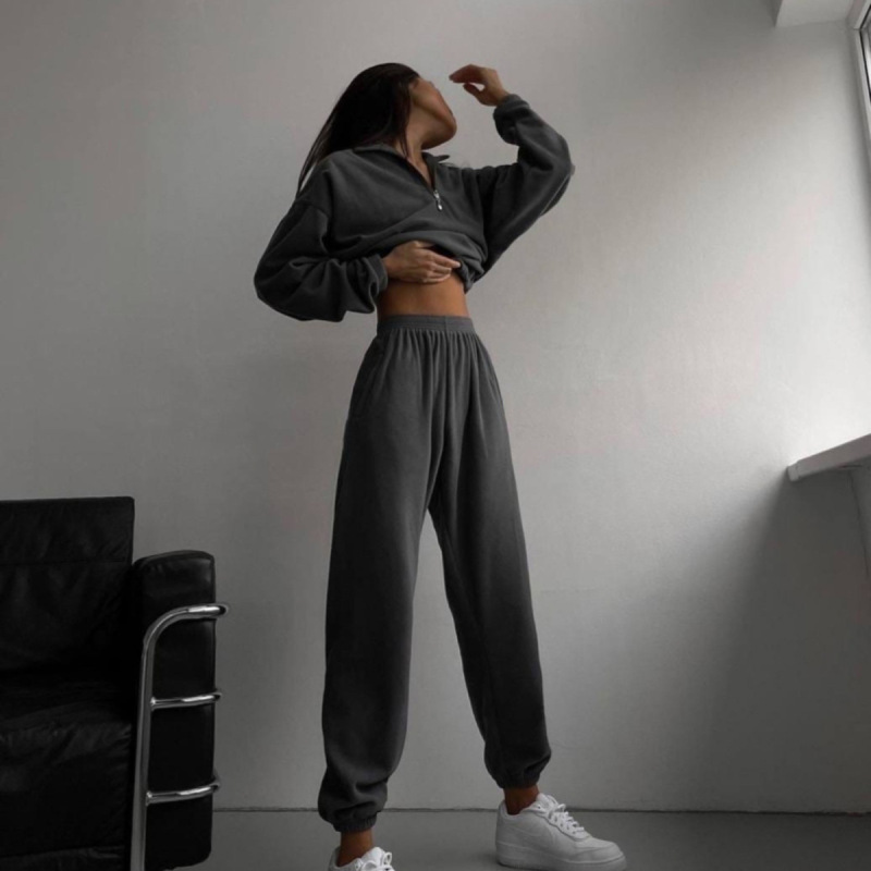 2026 Amazon European and American Foreign Trade Autumn and Winter Women's New Half-Zip Lapel Casual Sweatshirt Solid Color Sports Suit