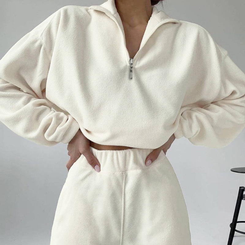 2026 Amazon European and American Foreign Trade Autumn and Winter Women's New Half-Zip Lapel Casual Sweatshirt Solid Color Sports Suit