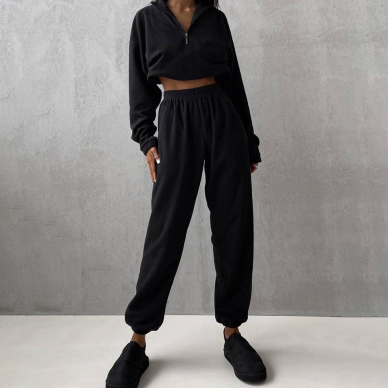 2026 Amazon European and American Foreign Trade Autumn and Winter Women's New Half-Zip Lapel Casual Sweatshirt Solid Color Sports Suit