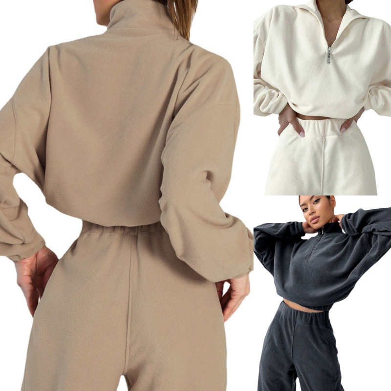 2026 Amazon European and American Foreign Trade Autumn and Winter Women's New Half-Zip Lapel Casual Sweatshirt Solid Color Sports Suit