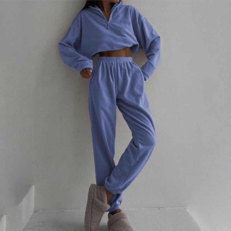 2026 Amazon European and American Foreign Trade Autumn and Winter Women's New Half-Zip Lapel Casual Sweatshirt Solid Color Sports Suit