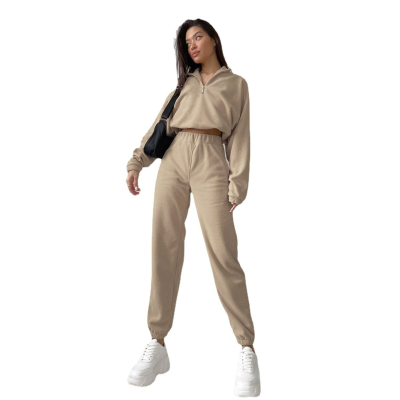 2026 Amazon European and American Foreign Trade Autumn and Winter Women's New Half-Zip Lapel Casual Sweatshirt Solid Color Sports Suit