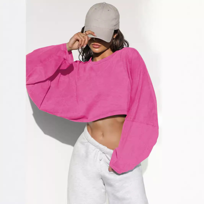 2024 Cross-border Cropped Crew Neck Sweatshirt, European and American Style Women's Short Sports Base Shirt, T-shirt, Knitwear, Long Sleeve Top