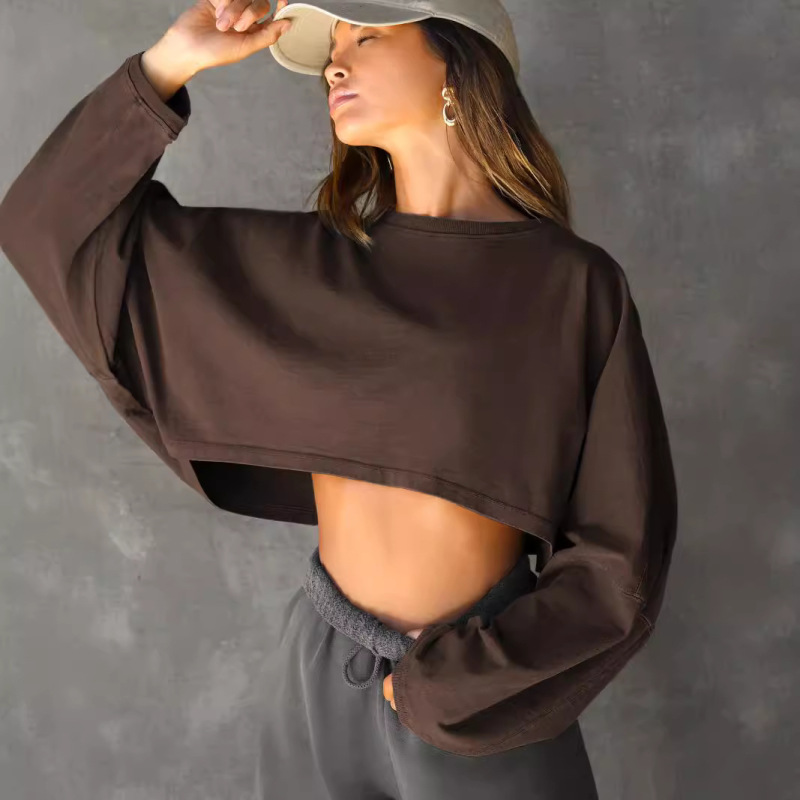 2024 Cross-border Cropped Crew Neck Sweatshirt, European and American Style Women's Short Sports Base Shirt, T-shirt, Knitwear, Long Sleeve Top