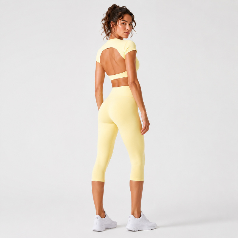 Cross-Border Quick-Dry Yoga Short-Sleeve T-Shirt Set, Backless Casual Running Sports Training Fitness Clothing Top Set