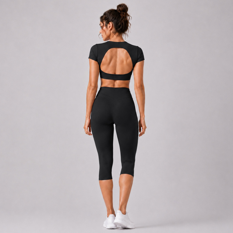 Cross-Border Quick-Dry Yoga Short-Sleeve T-Shirt Set, Backless Casual Running Sports Training Fitness Clothing Top Set