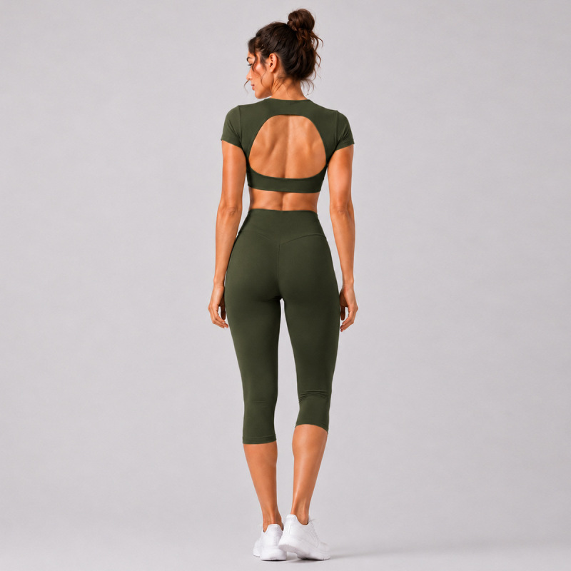 Cross-Border Quick-Dry Yoga Short-Sleeve T-Shirt Set, Backless Casual Running Sports Training Fitness Clothing Top Set