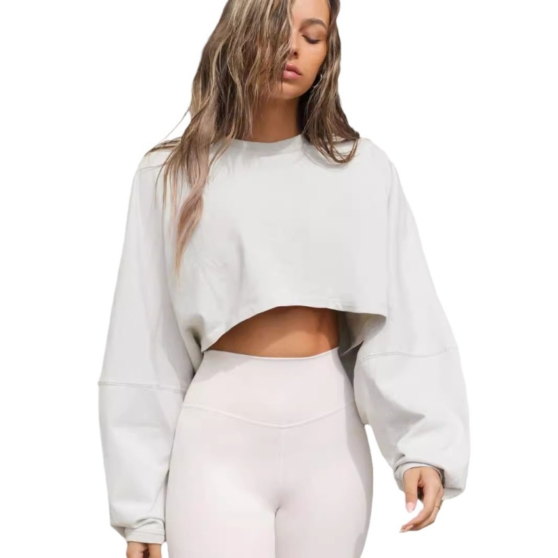 2024 Cross-border Cropped Crew Neck Sweatshirt, European and American Style Women's Short Sports Base Shirt, T-shirt, Knitwear, Long Sleeve Top