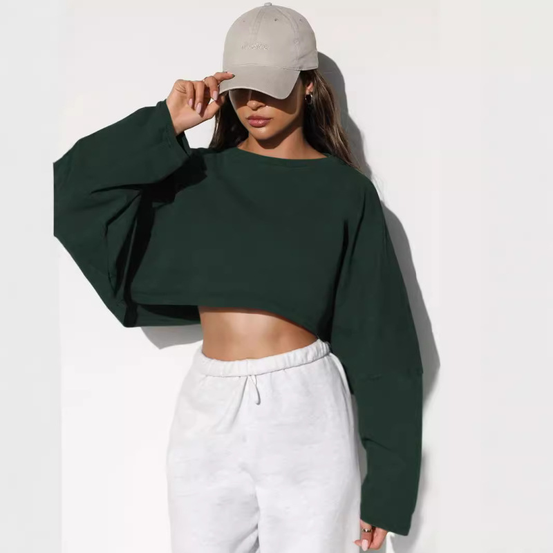 2024 Cross-border Cropped Crew Neck Sweatshirt, European and American Style Women's Short Sports Base Shirt, T-shirt, Knitwear, Long Sleeve Top
