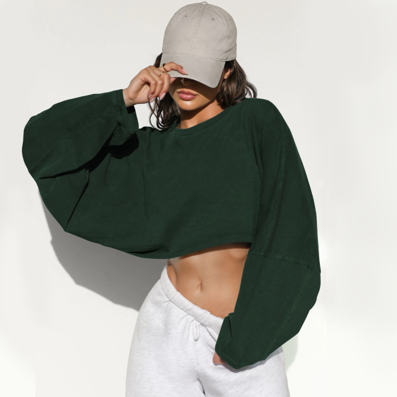 2024 Cross-border Cropped Crew Neck Sweatshirt, European and American Style Women's Short Sports Base Shirt, T-shirt, Knitwear, Long Sleeve Top